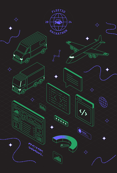 2024 Fleetio Hackathon Sticker Sheet alabama birmingham bus data data vis fleet fleetio green hackathon illustration plane purple sparkle squiggle star tech technology truck ui