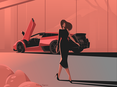 Evening 2dillustration adobeillustrator artwork black car flatillustration illustration illustrator lamborghini minimalism vector vectorart vectorillustration woman