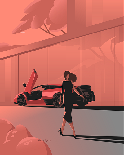 Evening 2dillustration adobeillustrator artwork black car flatillustration illustration illustrator lamborghini minimalism vector vectorart vectorillustration woman