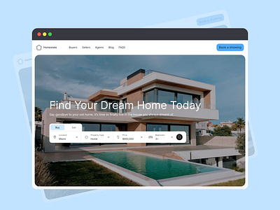 Real Estate Hero Section 🏠💰 | Daily UI #13 app appdesign blue branding dailyui design figma herosection home homes ios landingpage logo realestate search ui uidesign ux uxdesign website