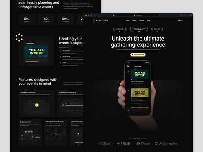 Eventora - Event Planner (Landing Page) acrarizq app design bento dark mode event event management event planner interaction landing page mobile mobile app product design saas saas landing page saas mobile ui uiux user interface ux web