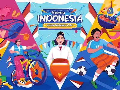 79th Indonesia Independence Day bike colorful cooking design dirgahayu diversity football graphic design header hut ri 79 illustration independence independence day independenceday indonesia indonesian heritage kemerdekaan race unity vector illustration