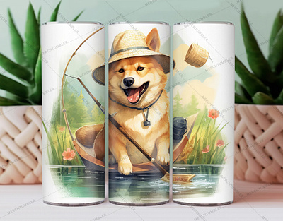 Dog Fishing Skinny Tumbler Wrap animal tumbler caring vector color image custom design art custom vector art design dog vector dog vector art illustration photography skinny tumbler sublimation tumbler sublimation tumbler warp vector art water vector art waterslide tumbler