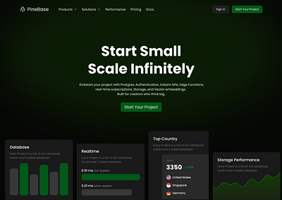 PineBase - Hero Landing Page Design branding dark mode database design graph hero hero landing page illustration landing page saas ui ux website