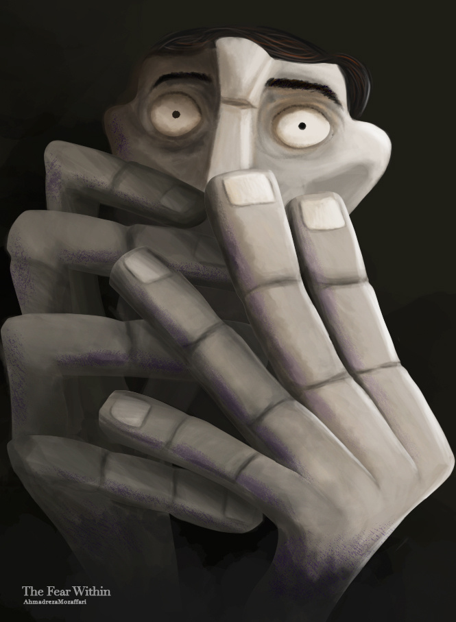 Surreal digital artwork 'The Fear Within' showcasing a character with oversized hands, expressing in