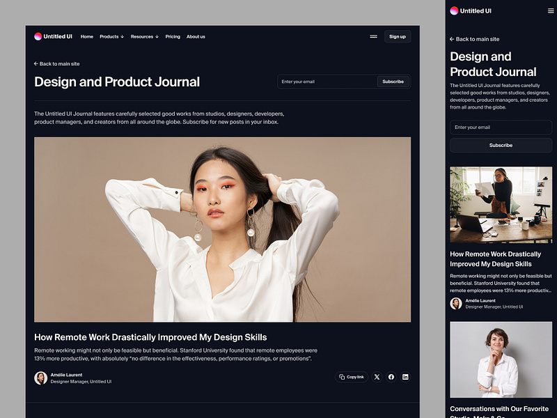Blog home page — Untitled UI article blog blog header blog home blog page dark mode dark ui darkmode design system figma design system minimal ui library web design
