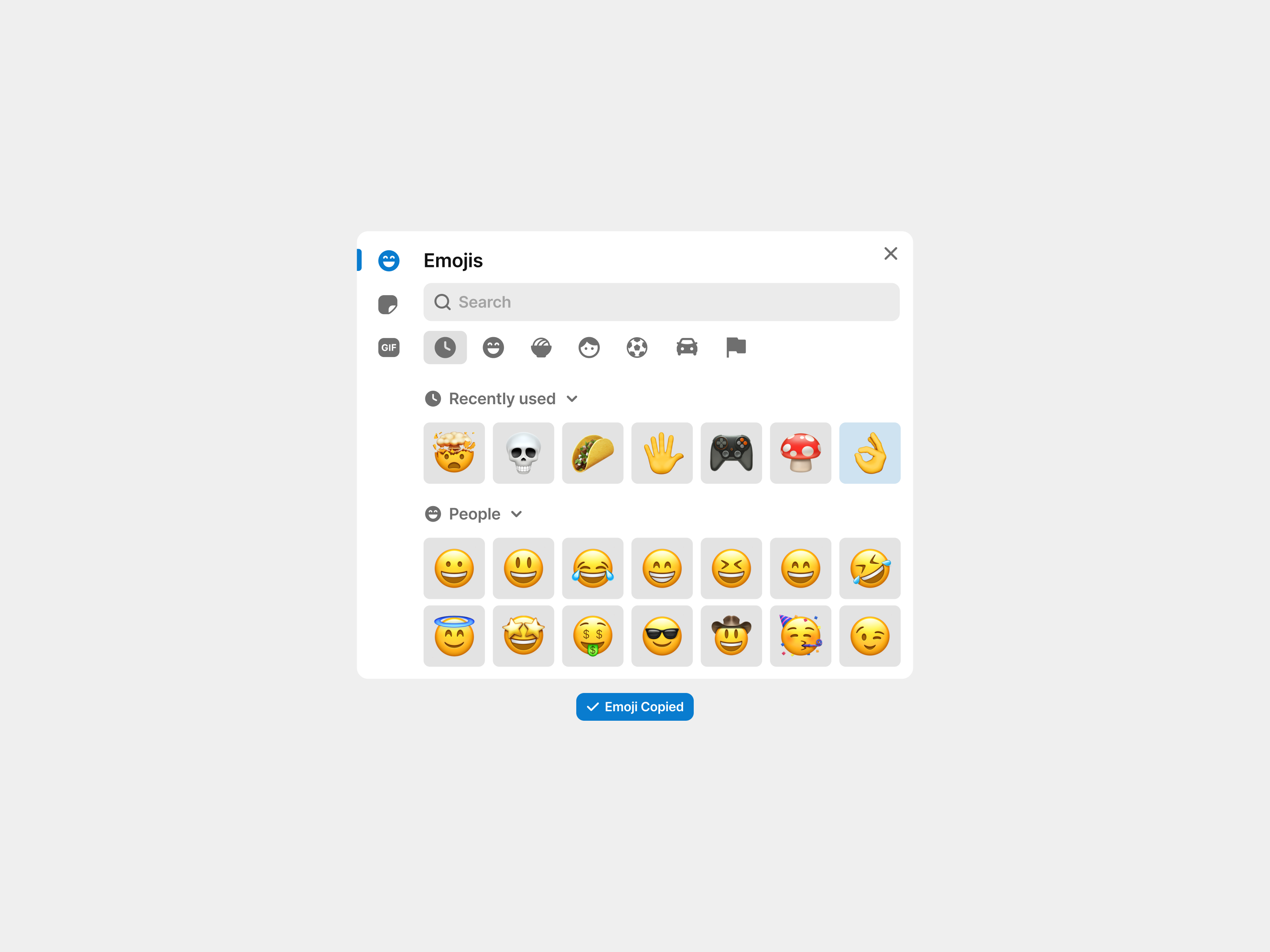 Emojis - Modal app category clipboard component design design system emoji figma iconography icons landing page menu minimalist modal navigation search ui ui design ui kit widget