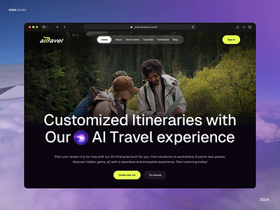 AiTravel | Easy travel planning Solution | Orbix Studio animation booking dark mode design flight booking landing page management modern motion graphics orbix studio responsivedesign saas search ticket tourist travel agency trip ui ux website