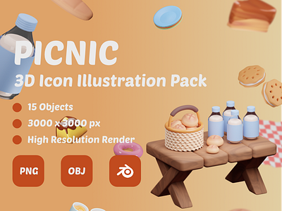 Picnic 3D icon packs 3d 3d art 3d blender 3d bread 3d donut 3d food 3d icon 3d illustration 3d modeling blender design food graphic design gumroad illustration picnic ui ux website