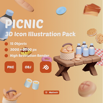 Picnic 3D icon packs 3d 3d art 3d blender 3d bread 3d donut 3d food 3d icon 3d illustration 3d modeling blender design food graphic design gumroad illustration picnic ui ux website