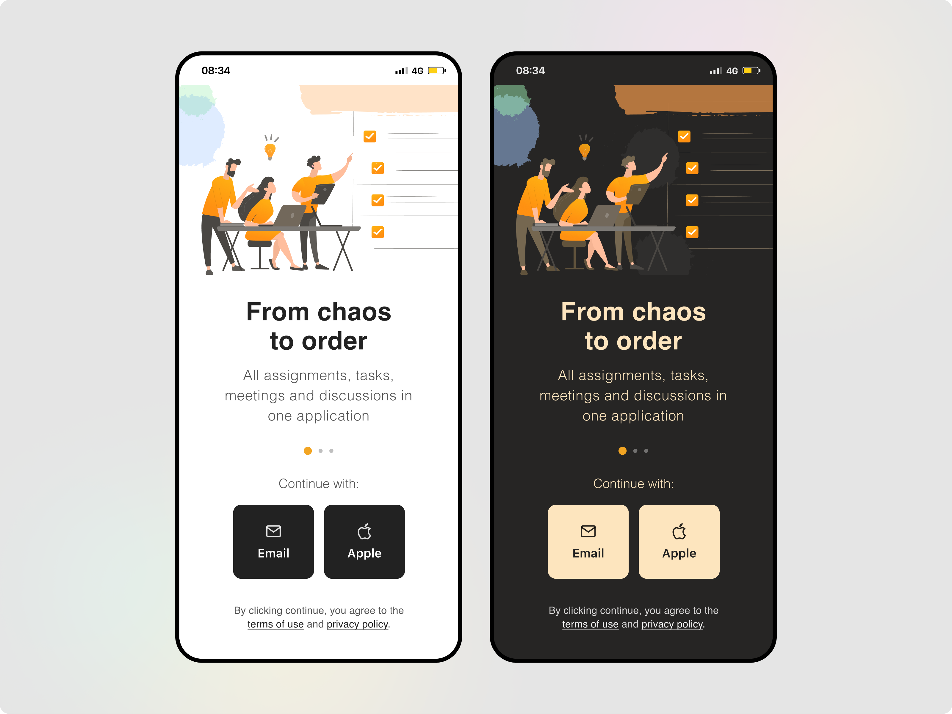 Onboarding For IOS App | Mobile App Start Screen app app design black theme branding clean design design graphic design illustration ios ios app logo mobile app onboarding saas to do app ui uiux ux vector white theme