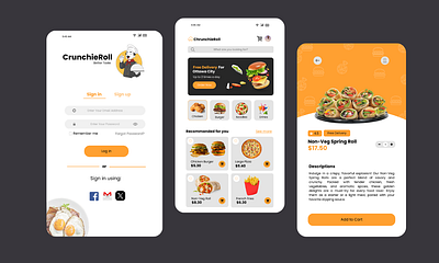 CrunchieRoll - Food Mobile UI Design branding figma food food delivery app ui ui design uiuxdesign ux design