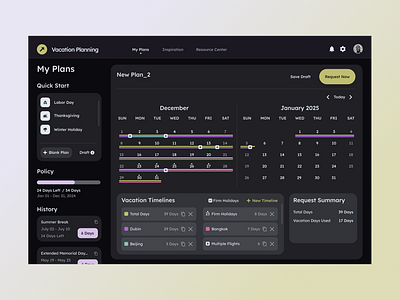 Dashboard Design - Travel Planning #015 calendar calendar view dark theme dashboard lite business planning timeline timeline view travel travel planning ui