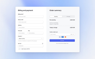 Checkout step billing clean design form inputs light minimal options payment saas summary toggle ui