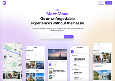 Mave - Travel Platform Landing Page ai app branding itinerary landing page mobile planning travel trip ui ux vacation web