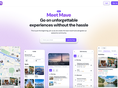 Mave - Travel Platform Landing Page ai app branding itinerary landing page mobile planning travel trip ui ux vacation web