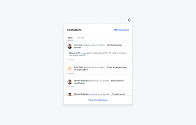 Modern Notification Panel UI for SaaS clean design collaboration tool dashboard mentions minimal ui modern design notification dropdown notification panel product design project management responsive design saas slack integration task management team collaboration ui design user experience user interface ux design web design