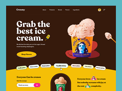 Ice Cream Website Design. chocolate clean design dessert ecommerce flavour food homepage ice cream ice cream shop icecream kids food organic premium product scoops vanilla web design webdesign website design