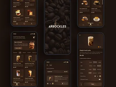 Arbuckles | Coffee Shop Mobile App animation app arbuckle branding brown coffee coffee mobile app design figma graphic design landing page logo mobile app product design prototype typography ui ux