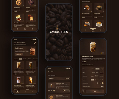 Arbuckles | Coffee Shop Mobile App animation app arbuckle branding brown coffee coffee mobile app design figma graphic design landing page logo mobile app product design prototype typography ui ux