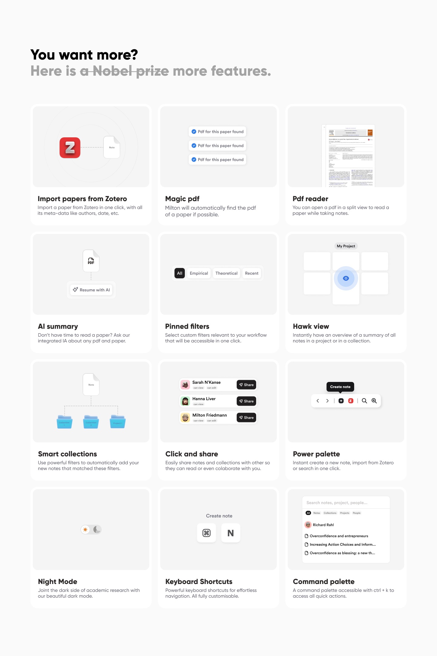 Feature sections for Milton.so bento cards design features figma grid landing page ui