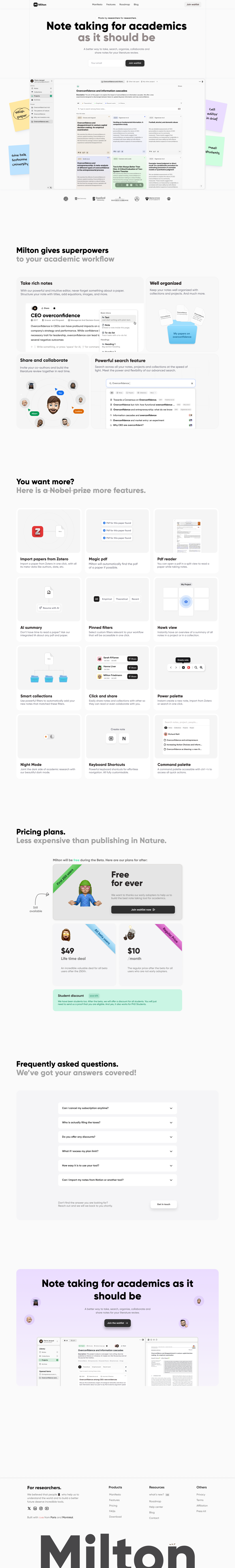 Landing page for Milton.so design landing page light theme modern saas ui