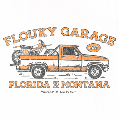 FLOUKY GARAGE badge badge design branding design graphic design hand drawing illustration logo logo handdraw motorcycle photoshop t shirt graphic tshirt design vintage illustration vintage logo