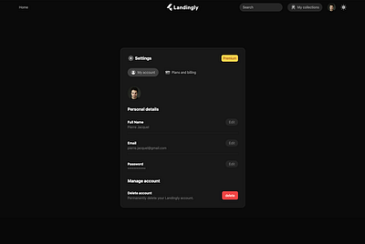 Settings page for Landingly.co account design profile saas settings ui user