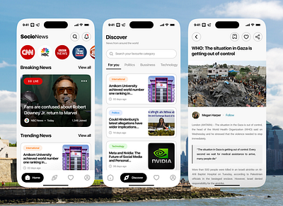 Socio News - International News Mobile App branding design figma mobile ui uiux ux uxui