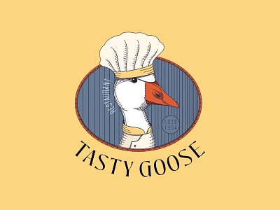 Tasty Goose Logo brand branding cafe chef cook cooking engraving filled outline food goose hat line art logo ratro restaurant vintage