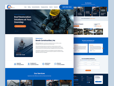 Website Design for Roofing Construction blue commercial construction corporate creative design emergency home home page inovative inspiration insurance landing page mitigation residential restoration roofing services ux ui website