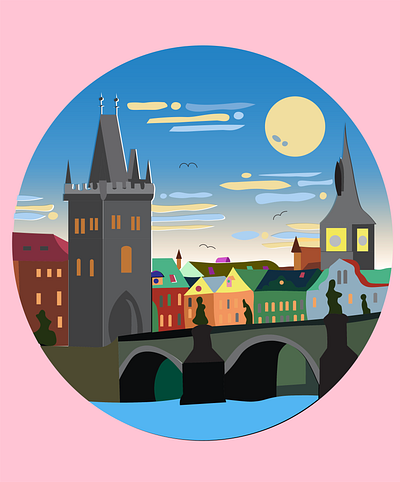 A view of Charle's bridge, Prague cityscape graphic design illustration prague travel vector