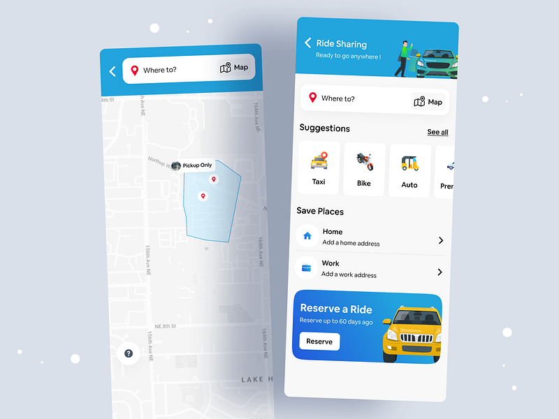 Super App Design ( Ride Sharing & Map View) app uiux book ride clean pp design creative app design hybrid app design map view minimal app design mobile app mobile app design modern app design popular app 2024 ride app ride sahring super app uiroll