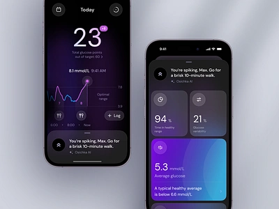 Glucose management app concept ai app cards chart dark mode data design food glucose graph health insights ios iphone log mobile monitor numbers tracking ui