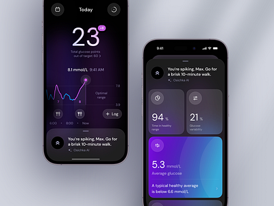 Glucose management app concept ai app cards chart dark mode data design food glucose graph health insights ios iphone log mobile monitor numbers tracking ui