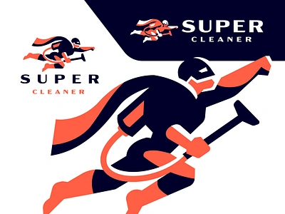 Super Cleaner Mascot Logo branding brandmark cape champion character design cleaner cleaning graphic design hero identity jetpack lettering logo logo design mascot mask retro rocket superhero vaccuum