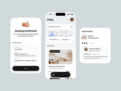 Coworking space app - Exploration app booking app coworking element exploration map minimalist mobile office payment product design rental review room search space success ui webapp