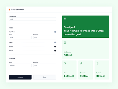 Calorie Monitor add button dashboard field form input