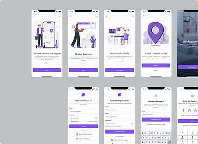 WorkspaceHub - Onboarding, Sign up, Login, Forget password appdesign designconcept designinspiration forgotpassword login mobiledesign onboarding signup ui uiuxdesign ux workspace workspacehub