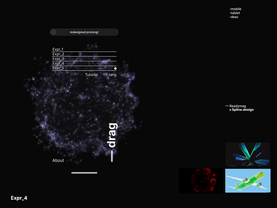 Readymag x Spline | web 3d _pt4 3d animation concept cursor design interactive minimal mobile motion graphics nocode particles readymag responsive spline 3d threejs typography ui web webgl