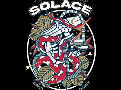 In Search for Solace (Merch Design) apparel badge bandmerch brand branding clothing clothingbrand clothingline design graphic design illustration illustrator lettering logo patch print skull typography ui