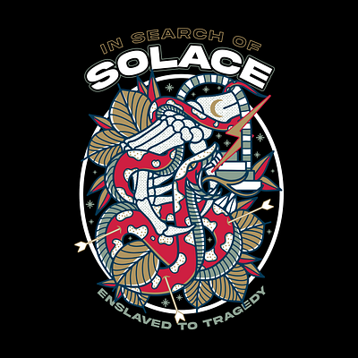 In Search for Solace (Merch Design) apparel badge bandmerch brand branding clothing clothingbrand clothingline design graphic design illustration illustrator lettering logo patch print skull typography ui