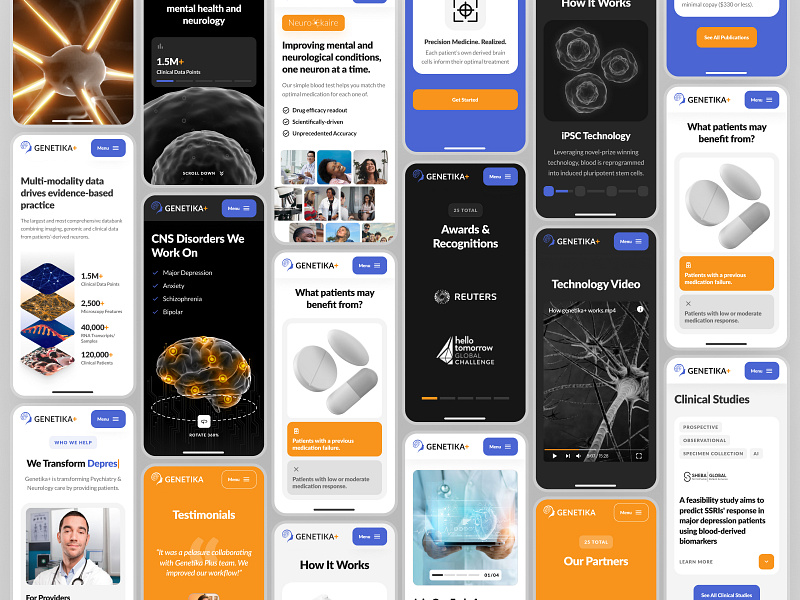 neurokaire: AI Neurology Precision Medicine - Mobile Overview UI ai drug discovery biology biotech biotech web design biotech website blue clean drug drug discovery drug discovery landing page drug discovery website landing page minimal modern neuron neuroscience orange precision medicine responsive web design