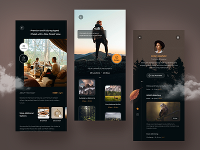 Camping & Activities App activity animal app app design camping dark gallery life list map mobile mobile app mobile design price profile relax schedule sport travel travelling