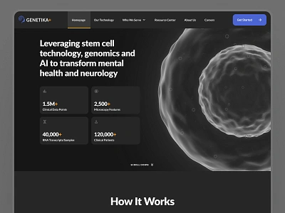 neurokaire: AI Neurology Precision Medicine - Technology Page UI 3d ai drug discovery ai precision medicine biology biotech biotech landing page biotech web design blue cell clean dark mode drug discovery ipsc minimal modern neurology neuroscience precision medicine stem cell web design