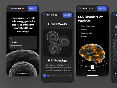 neurokaire: AI Neurology Precision Medicine - Technology Mobile 3d biology biotech biotech landing page biotech web design biotech website blue brain cell clean dark mode drug discovery minimal mobile ui modern neurology neuron neuroscience responsive science