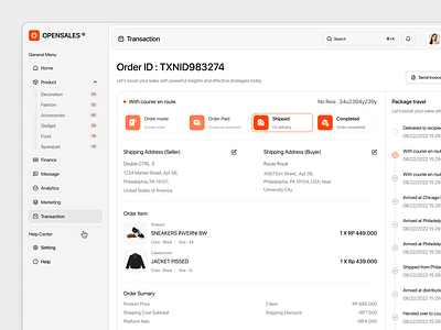 Transaction detail pages - Sales Management Dashboard address b2b buyer center crm fashion invoce order order tracking product resi saas saas dashboard sales dashboard sales management salesforce shipping tracking transaction vektora