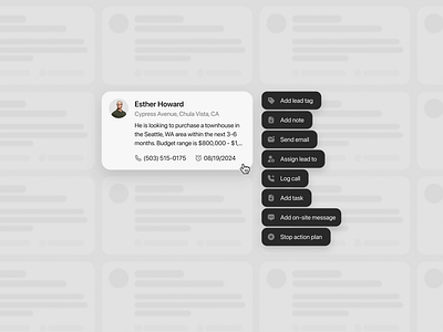 Action list for Lead management action bar action list card cards crm customer dropdown lead card lead management management mortgage rate real estate ui design