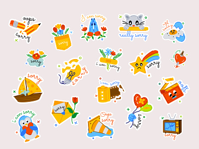 Sorry Stickers apology branding broken colorful cute design emoji emotion flat design hurt im sorry oops regret sad sorry sorry stickers sticker pack sticker set stickers vector