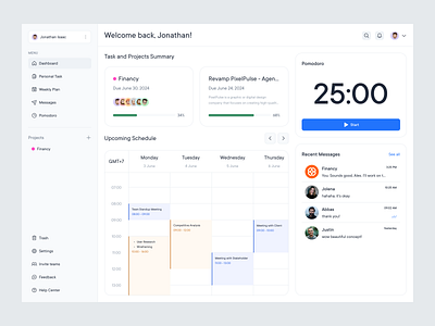 Prodify - Task Management Dashboard chat clean dashboard design management messages minimalist modern pomodoro productivity project management saas task task list todo ui ux web website weekly plan